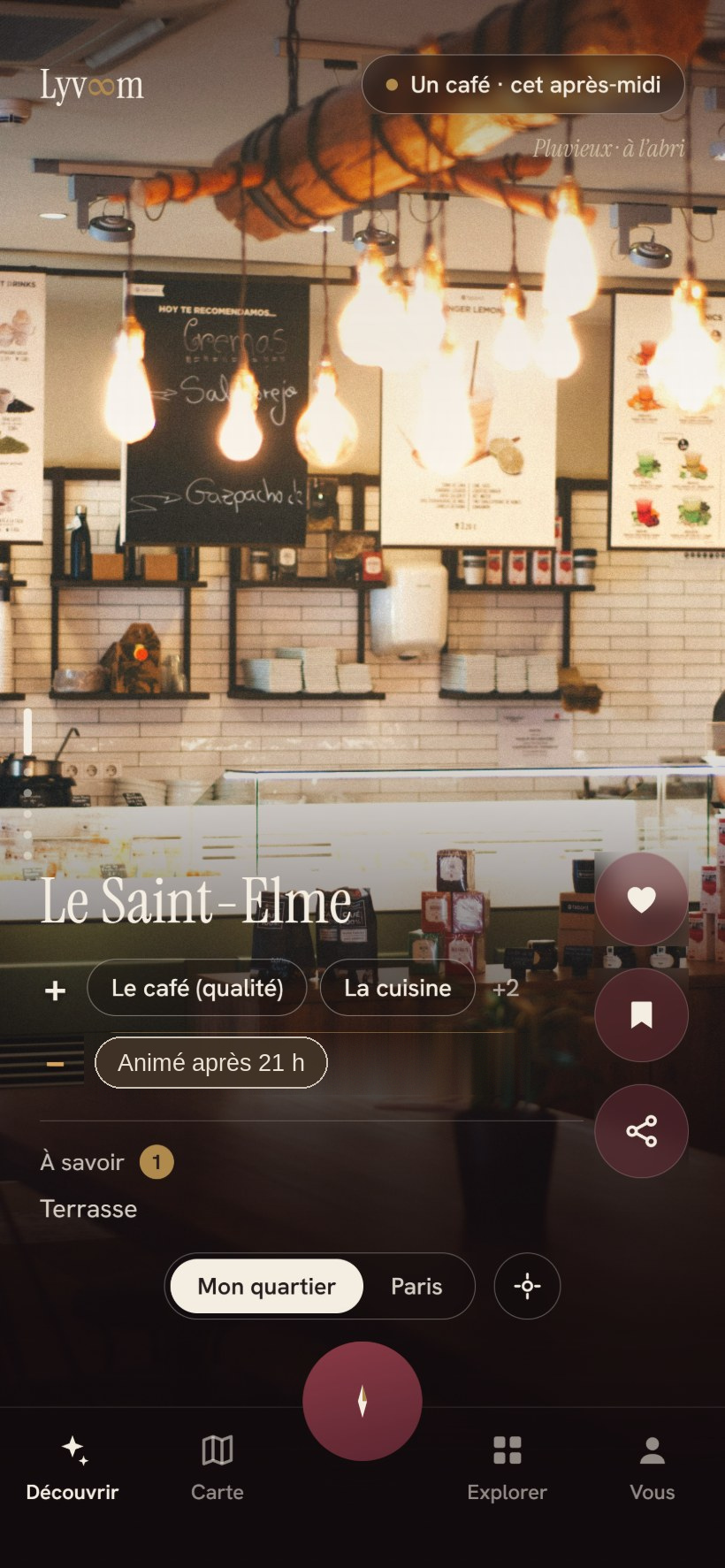 L'écran Découvrir de Lyvoom : cinq adresses du jour, Le Saint-Elme avec ses atouts et son point de vigilance