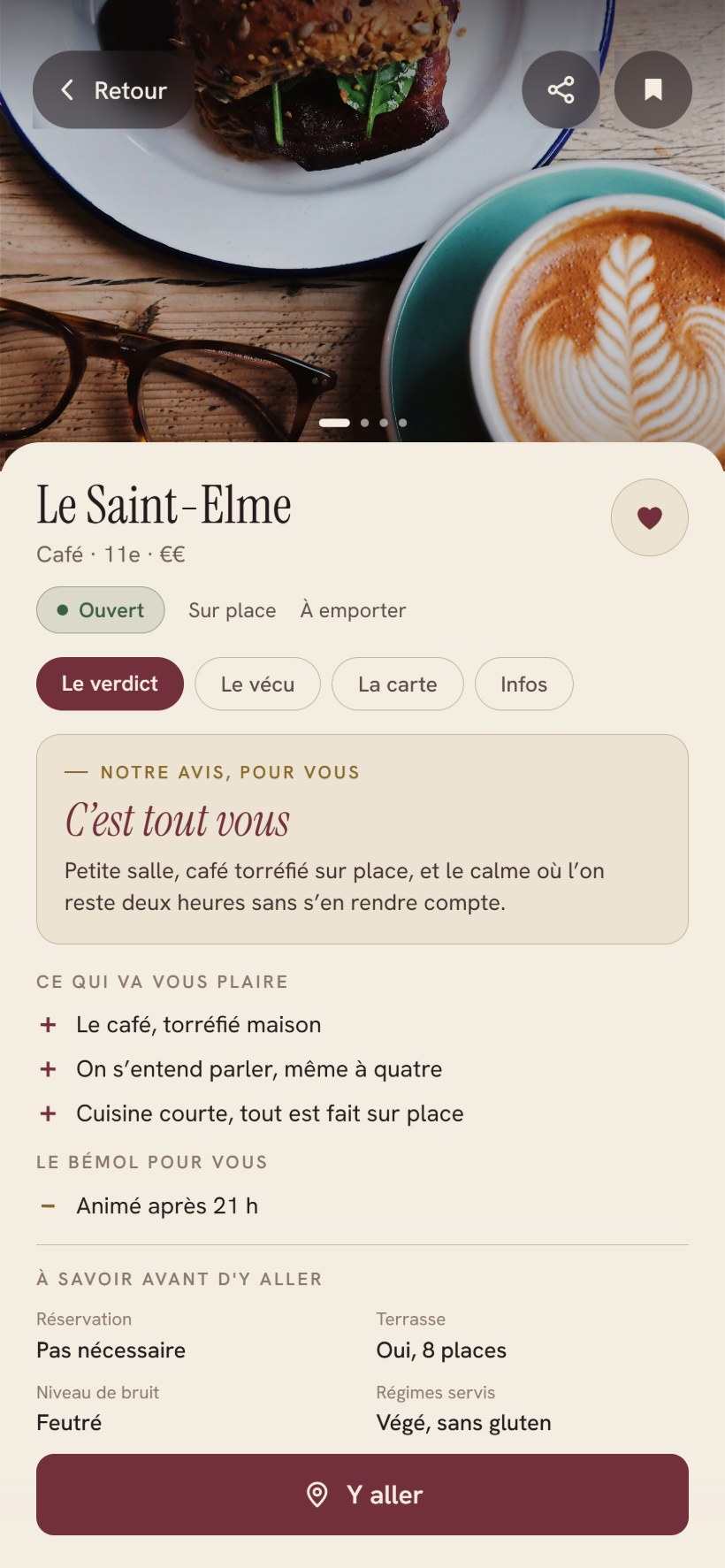 La fiche du lieu dans Lyvoom : le verdict en mots, ce qui va vous plaire, le bémol, et tout ce qu'il faut savoir avant d'y aller