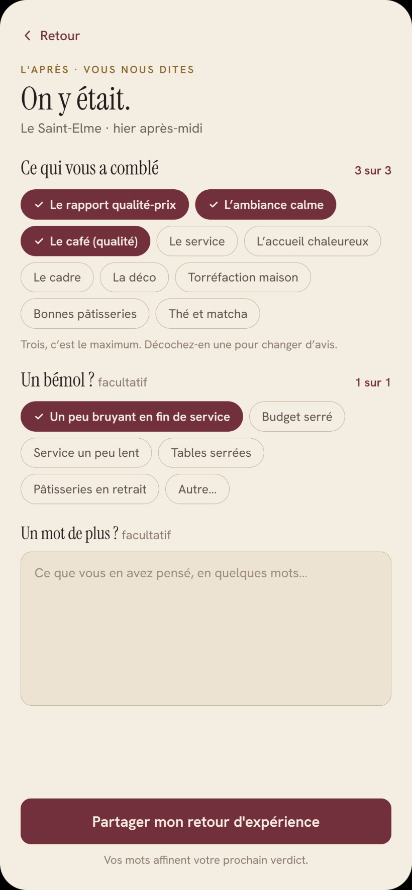 L'écran de retour dans Lyvoom : ce qui vous a comblé, un bémol facultatif, et un mot libre